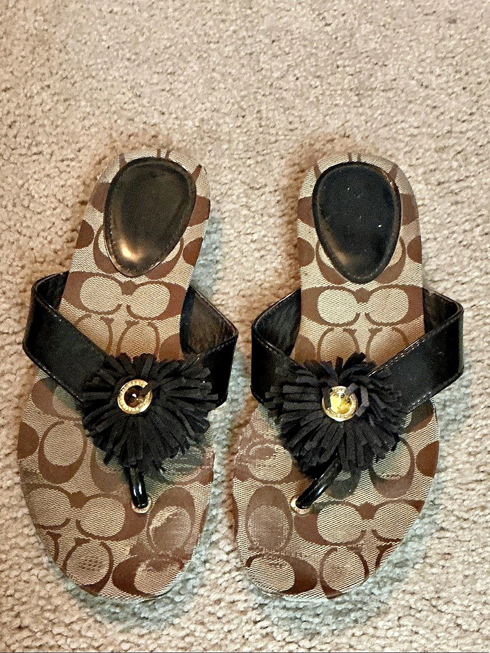 Coach Signature C Fringe Thong Sandals in Brown & Black